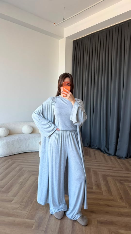 Hırka Crop ve Pantolonlu 3lü Takım Gri 2397