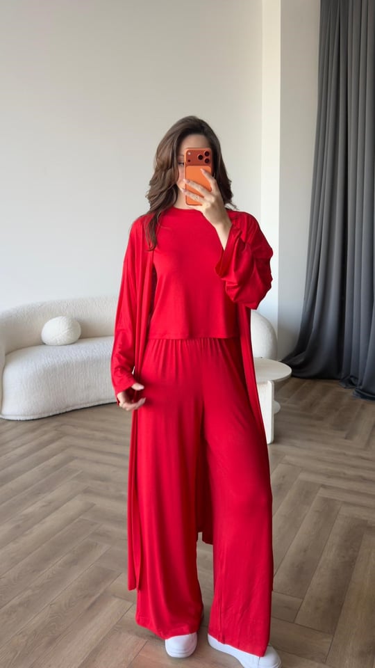 Hırka Crop ve Pantolonlu 3lü Takım Kırmızı 2397