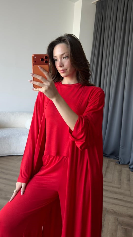 Hırka Crop ve Pantolonlu 3lü Takım Kırmızı 2397