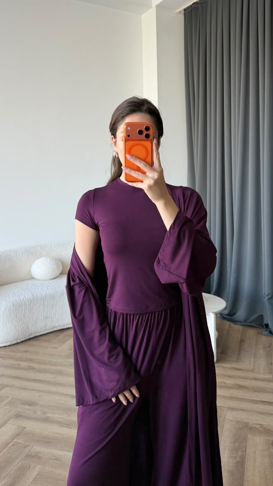 Hırka Crop ve Pantolonlu 3lü Takım Mor 2397