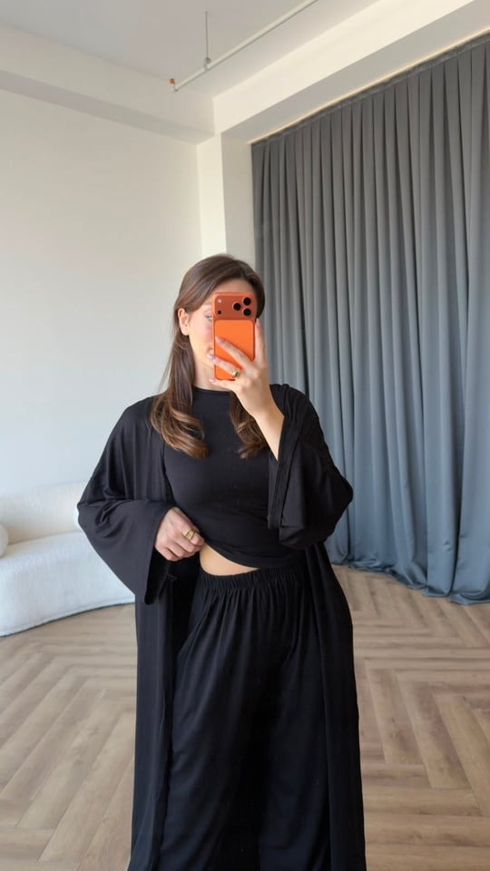 Hırka Crop ve Pantolonlu 3lü Takım Siyah 2397