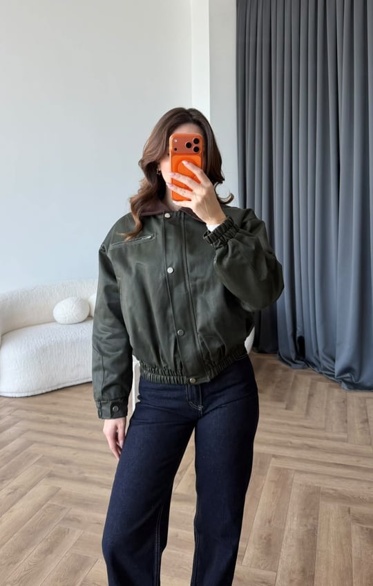 Kadife Yaka Detay Çıtçıtlı Burberry Kumaş Bomber Ceket Yeşil 2489
