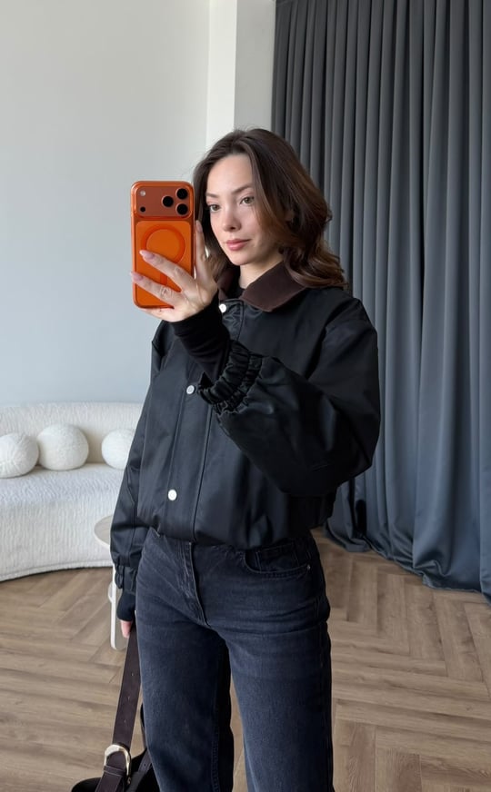 Kadife Yaka Detay Çıtçıtlı Burberry Kumaş Bomber Ceket Siyah 2489