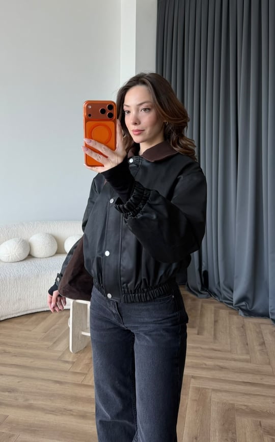 Kadife Yaka Detay Çıtçıtlı Burberry Kumaş Bomber Ceket Siyah 2489