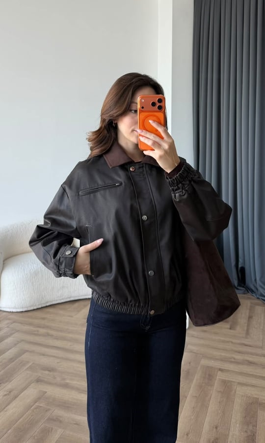 Kadife Yaka Detay Çıtçıtlı Burberry Kumaş Bomber Ceket Kahve 2489