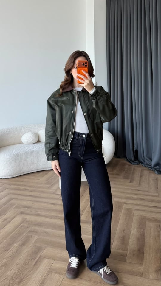 Kadife Yaka Detay Çıtçıtlı Burberry Kumaş Bomber Ceket Yeşil 2489