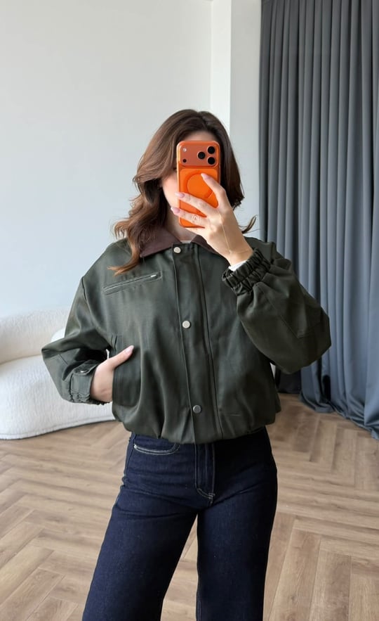 Kadife Yaka Detay Çıtçıtlı Burberry Kumaş Bomber Ceket Yeşil 2489