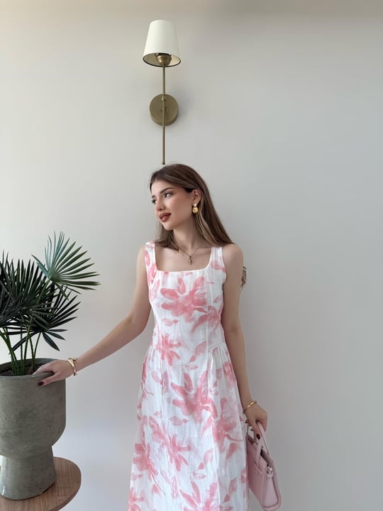 Kare Yaka Desenli İç Astarlı Keten Elbise Pembe 2262
