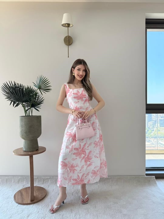Kare Yaka Desenli İç Astarlı Keten Elbise Pembe 2262