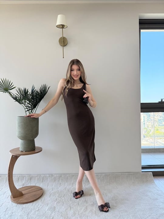 Kare Yaka Midi Boy Kalem Elbise Acı Kahve 2243