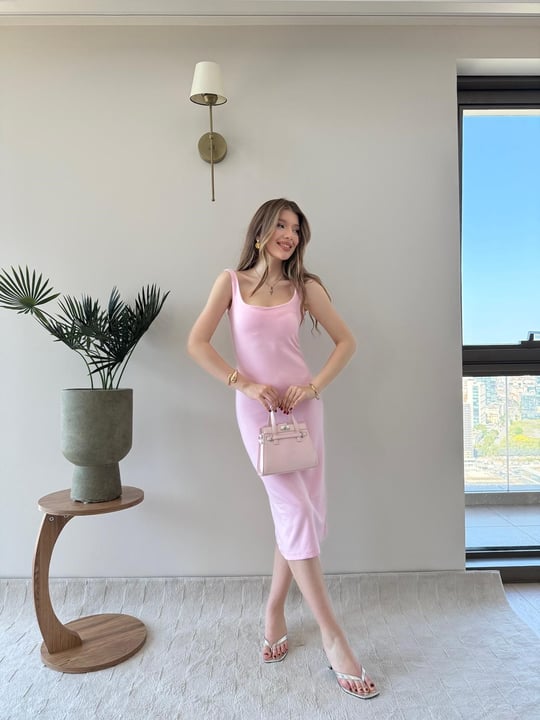 Kare Yaka Midi Boy Kalem Elbise Pembe 2243