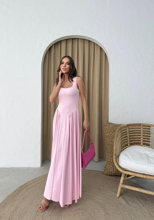 Kare Yaka Uzun Sandy Elbise Pembe 2102