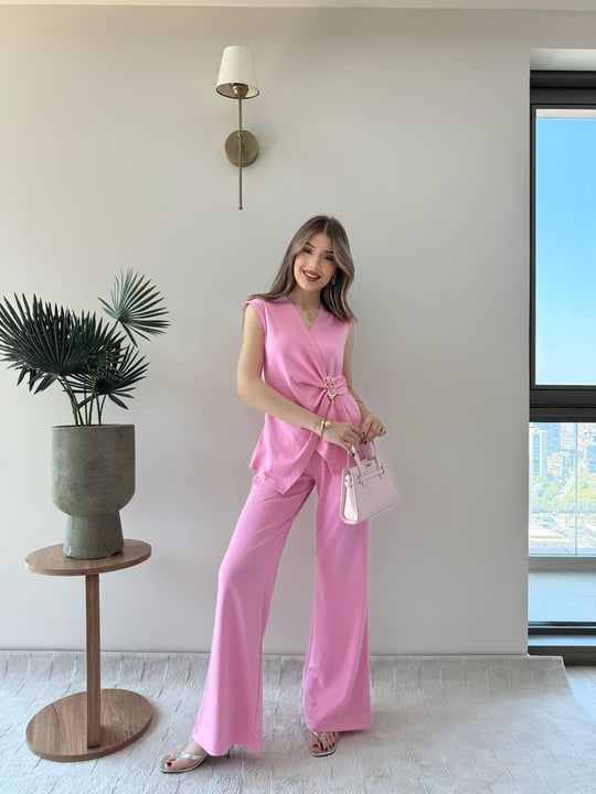 Kruvaze Yaka Aksesuar Detay Bluz ve Pantolonlu Modal İkili Takım Pembe 2277