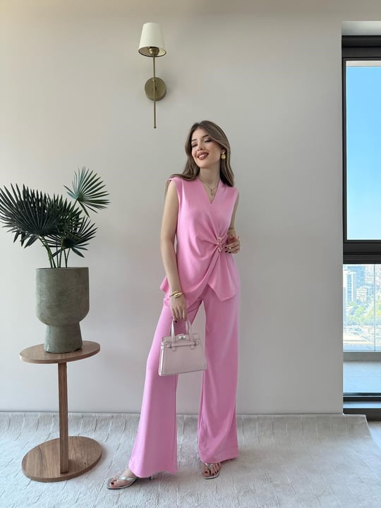 Kruvaze Yaka Aksesuar Detay Bluz ve Pantolonlu Modal İkili Takım Pembe 2277