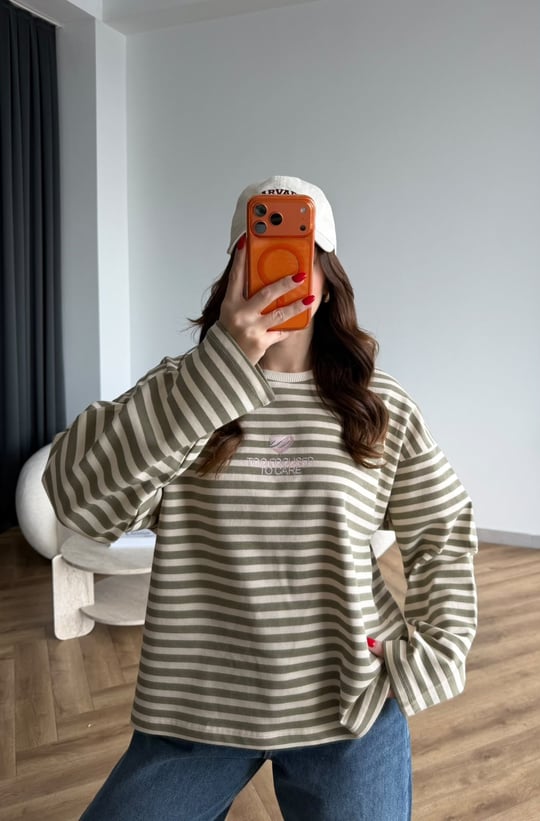 Nakiş Detay Çizgili Sweat Bej 2524