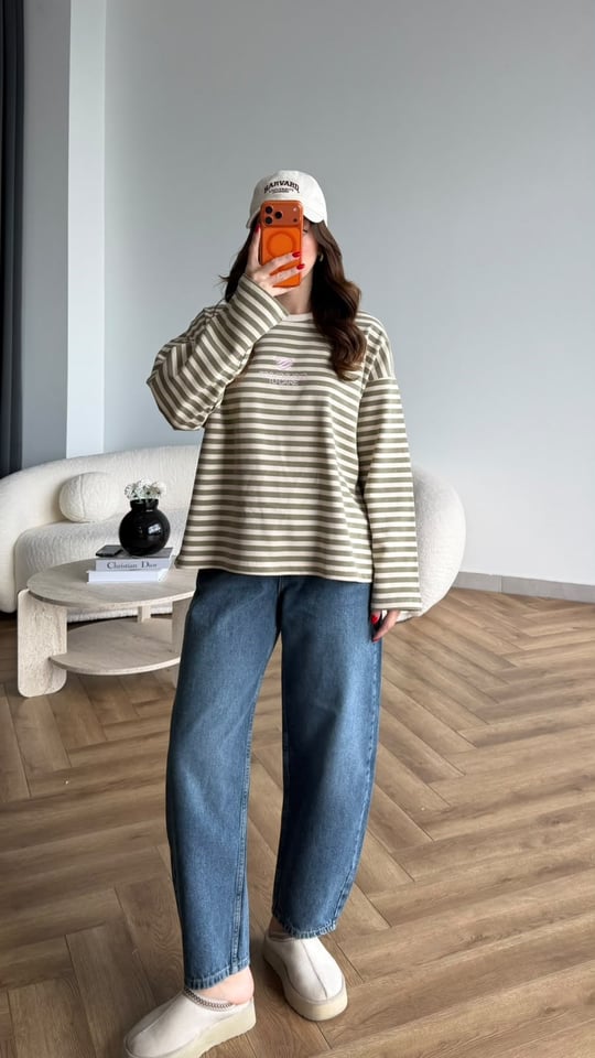 Nakiş Detay Çizgili Sweat Bej 2524