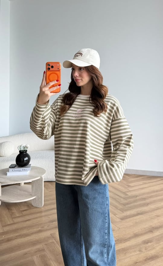 Nakiş Detay Çizgili Sweat Bej 2524
