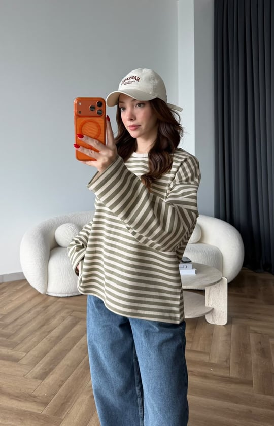 Nakiş Detay Çizgili Sweat Bej 2524