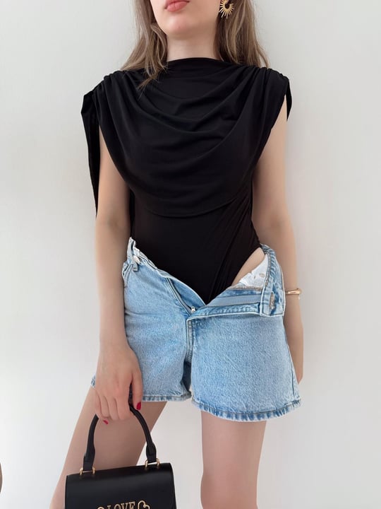 Omuz Saçaklı Sandy Bodysuit Siyah 2269