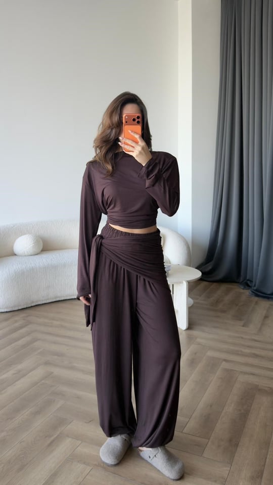 Omuz Vatka Detay Bluz ve Bel Fular Detay Pantolonlu Viskon Pamuklu Takım Acı Kahve 2421