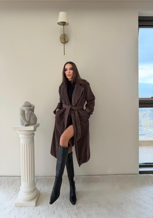 Omuz ve Kol Apolet Detay Bel Kuşaklı Astarlı Kaşe Kaban Kahve 2021