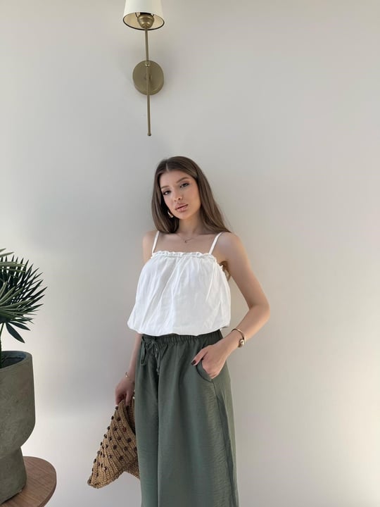 Paça Lastikli Bel İnce Kemer Detay Balon Tensel Pantolon Haki 2282