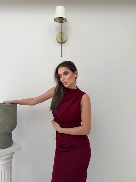 Sıfır Kol Drape Detay Uzun Sandy Elbise Bordo 2075