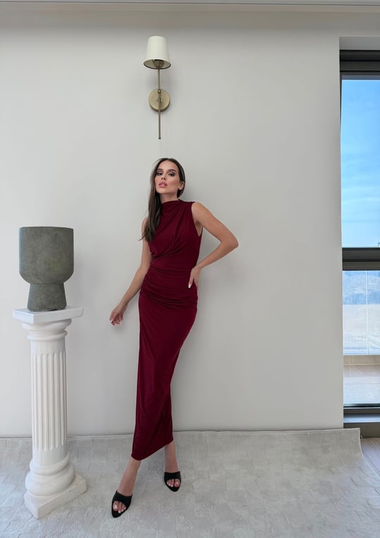 Sıfır Kol Drape Detay Uzun Sandy Elbise Bordo 2075