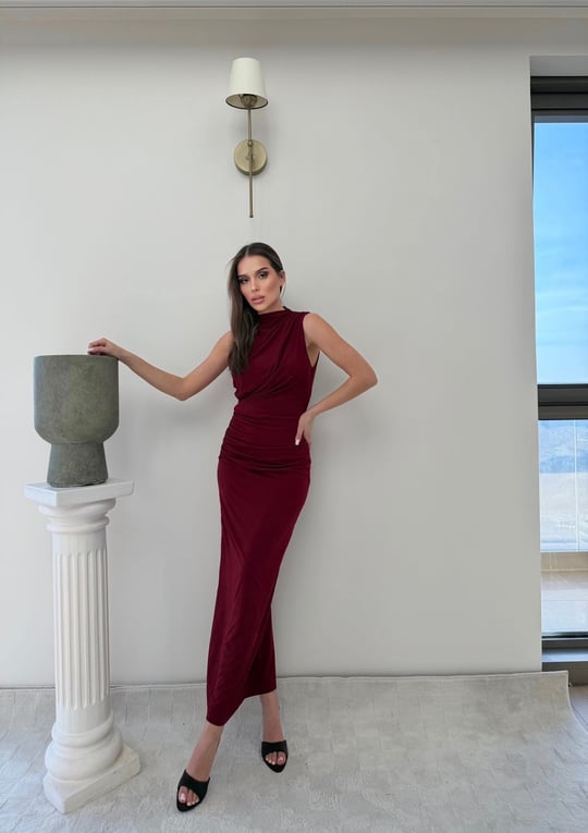 Sıfır Kol Drape Detay Uzun Sandy Elbise Bordo 2075