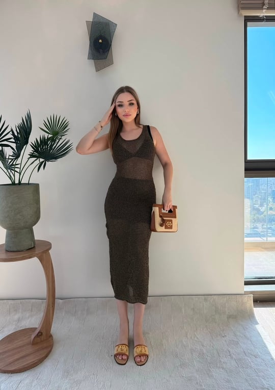 Sıfır Kol Simli Plaj Elbise Acı Kahve 2379