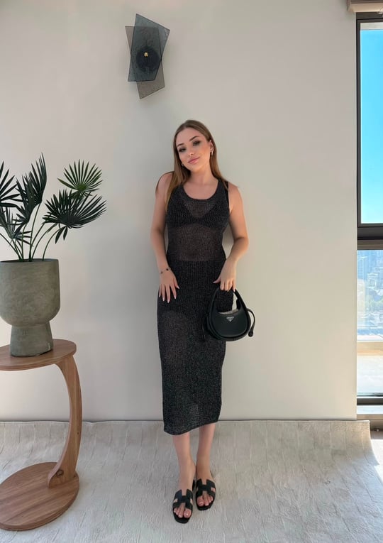 Sıfır Kol Simli Plaj Elbise Siyah 2379