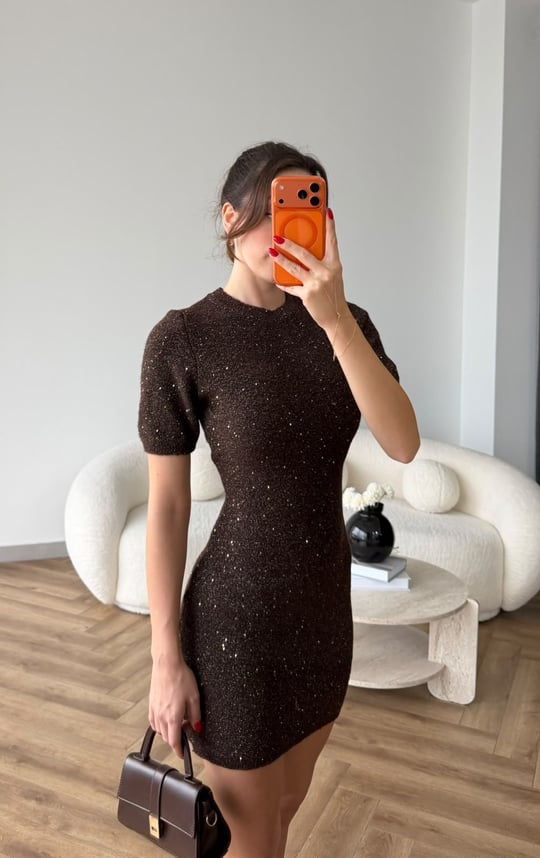 Simli Triko Elbise Acı Kahve 2510