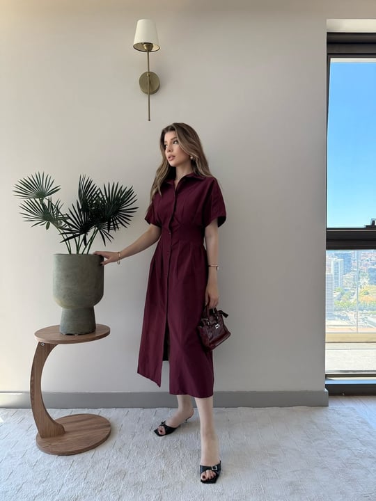 Sırt Bağlama Detay Bel Drape Uzun Gömlek Elbise Bordo 2351
