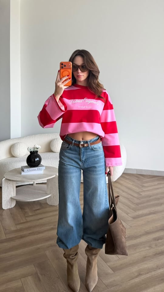 Sırt Ve Ön Baskı Detay Çizgili Viral Sweat Pembe 2491