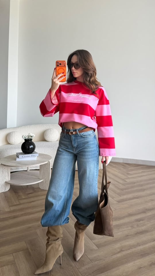 Sırt Ve Ön Baskı Detay Çizgili Viral Sweat Pembe 2491