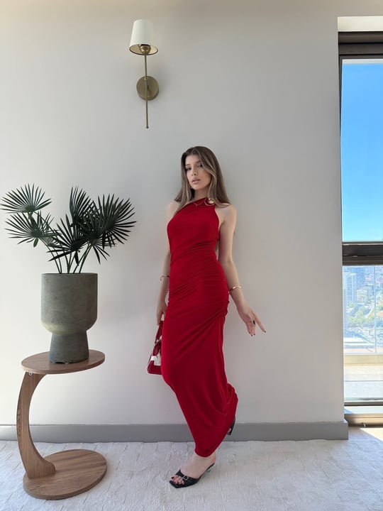 Tek Omuz Drape Aksesuar Detay Sandy Elbise Kırmızı 2324