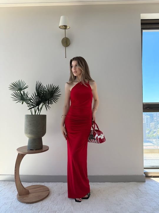 Tek Omuz Drape Aksesuar Detay Sandy Elbise Kırmızı 2324