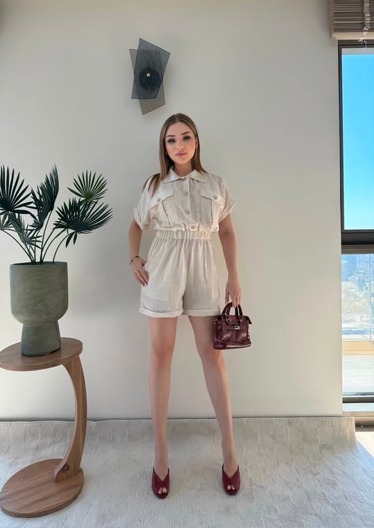 Yakalı Düğme Detay Şortlu Keten Tulum Bej 2353