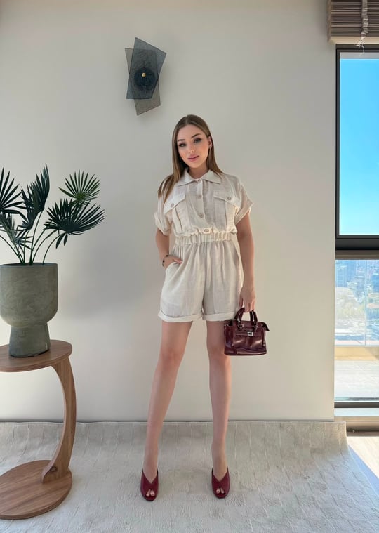 Yakalı Düğme Detay Şortlu Keten Tulum Bej 2353
