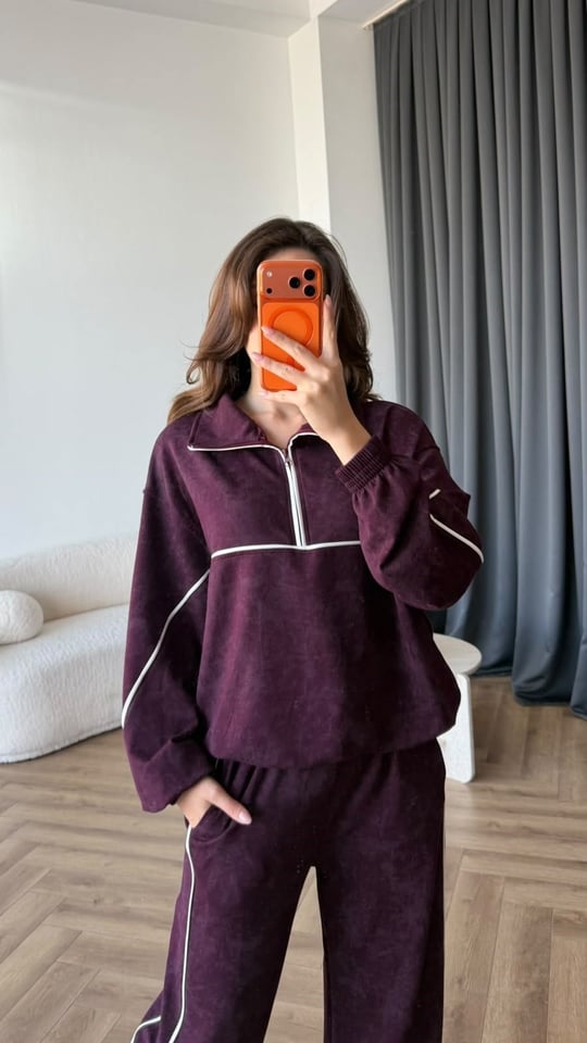Yarım Fermuar Biye Detay Sweat ve Pantolonlu Modal İkili Takım Mürdüm 2431