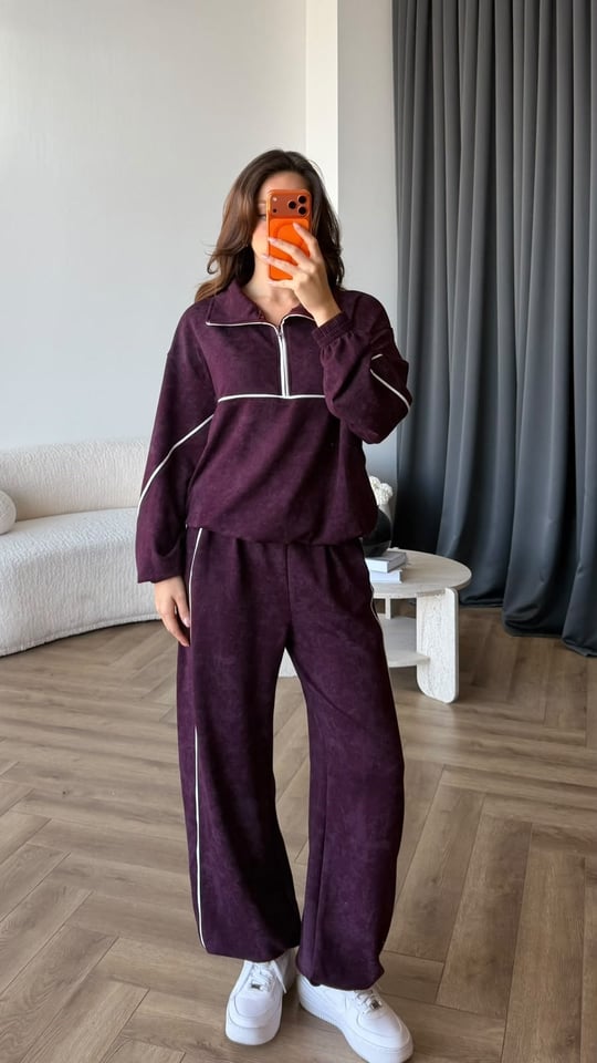 Yarım Fermuar Biye Detay Sweat ve Pantolonlu Modal İkili Takım Mürdüm 2431
