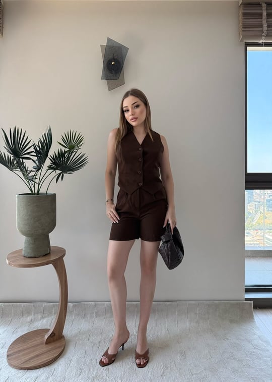 Yelek ve Şortlu İkili Keten Takım Acı Kahve 2373