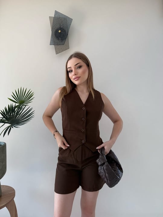 Yelek ve Şortlu İkili Keten Takım Acı Kahve 2373
