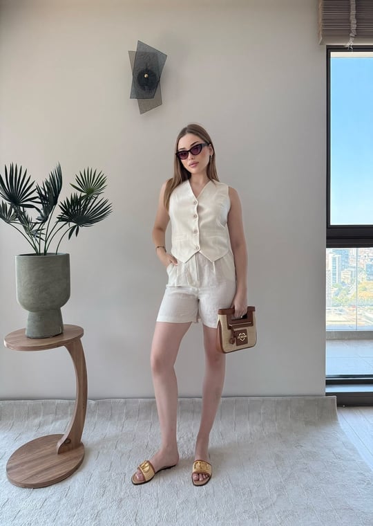 Yelek ve Şortlu İkili Keten Takım Bej 2373