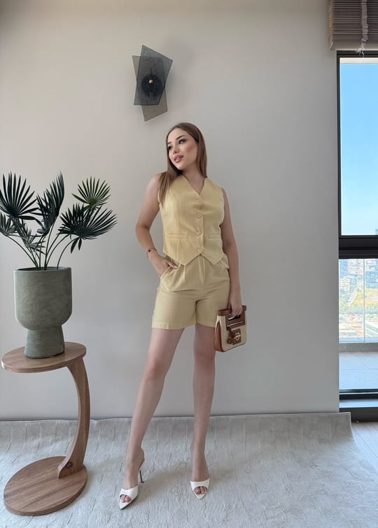 Yelek ve Şortlu İkili Keten Takım Hardal 2373