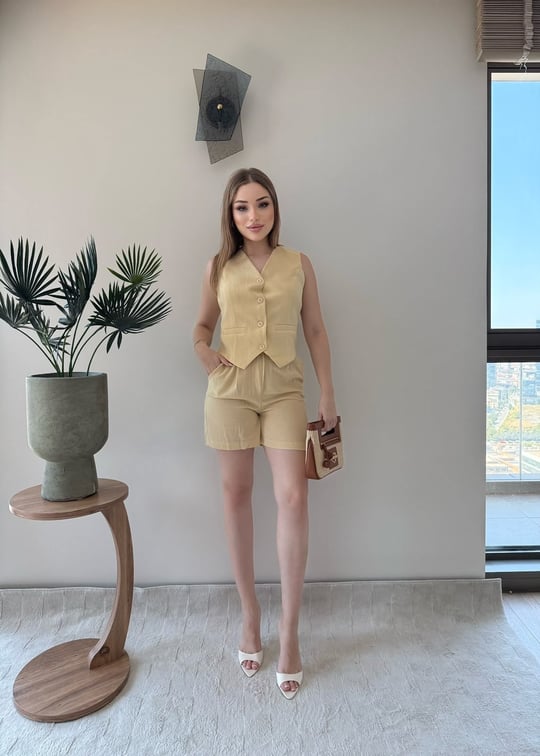 Yelek ve Şortlu İkili Keten Takım Hardal 2373
