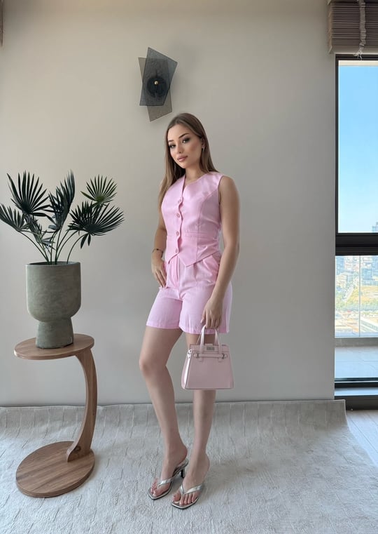 Yelek ve Şortlu İkili Keten Takım Pembe 2373