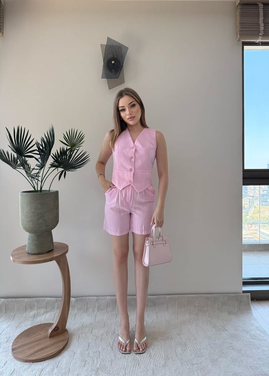 Yelek ve Şortlu İkili Keten Takım Pembe 2373