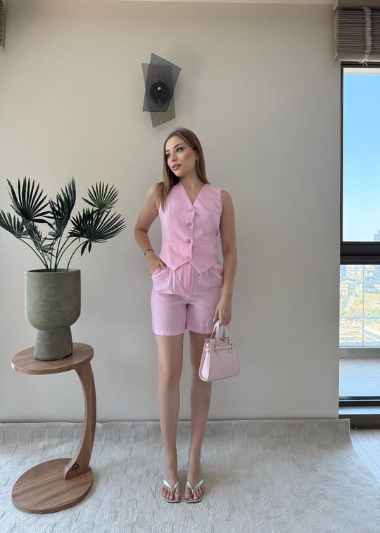 Yelek ve Şortlu İkili Keten Takım Pembe 2373