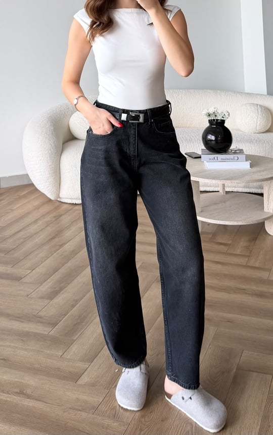 Yüksek Bel Yıkamalı Balon Jean Füme 2530